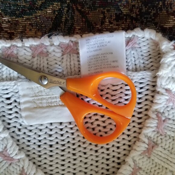 Vintage, 90s, white ramie/acrylic sweater, colour squares, leaves, flowers, S-L - Picture 4 of 5